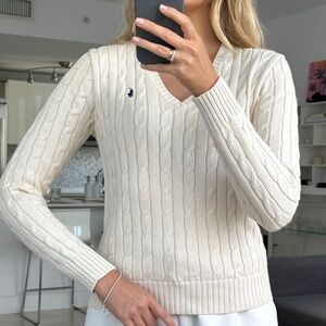 Polo Ralph Lauren Bone Cable-Knit V-Neck Cotton Sweater